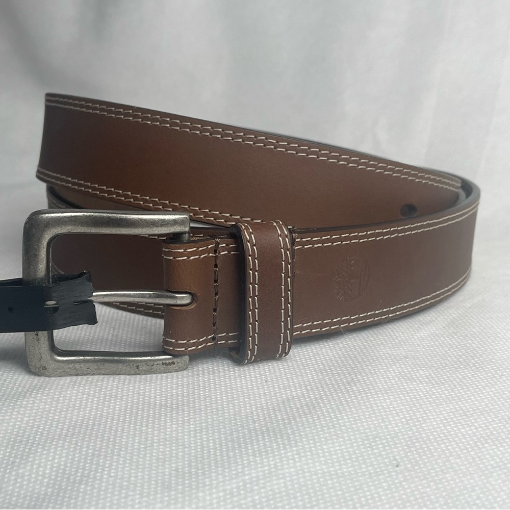 Timberland Contrast Stitch Genuine Leather Belt Brown Mens Size 48 Made in India